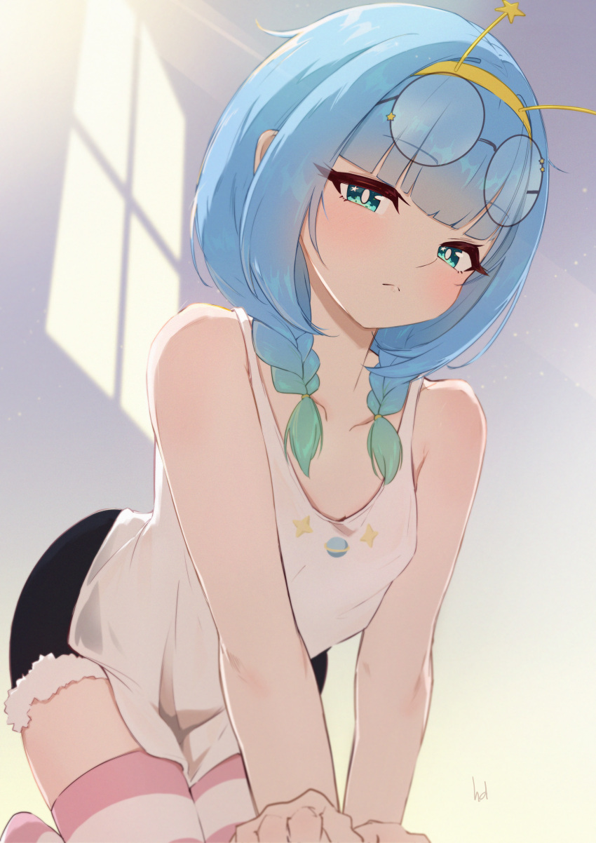 1girl, absurdres, bare_shoulders, black_shorts, blue_eyes, blue_hair, blunt_bangs, braid