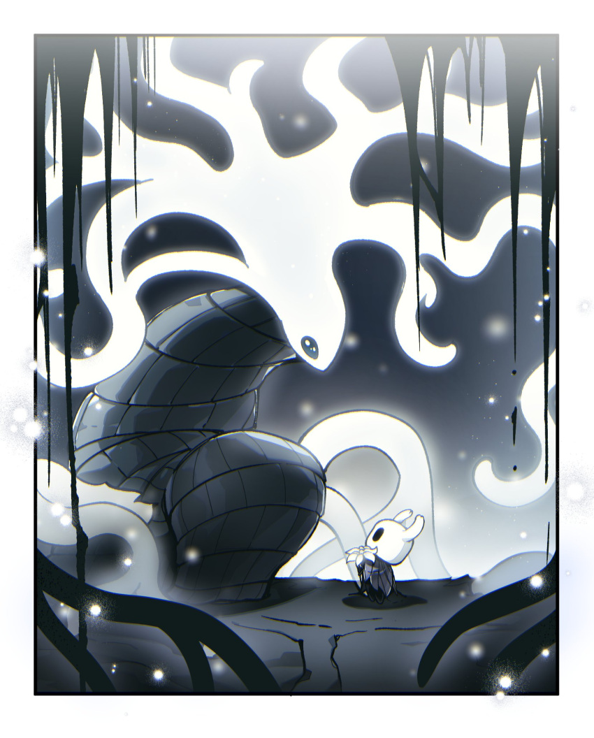 1girl, 1other, arthropod_boy, bamsot, black_eyes, blank_eyes, cloak, colored_skin, everbloom_(hollow_knight), flower, full_body, grey_cloak, highres, holding, holding_flower, hollow_eyes, hollow_knight, horned_mask, horns, knight_(hollow_knight), looking_at_another, looking_down, looking_up, mask, squatting, standing, wavy_hair, white_lady_(hollow_knight), white_mask, white_skin