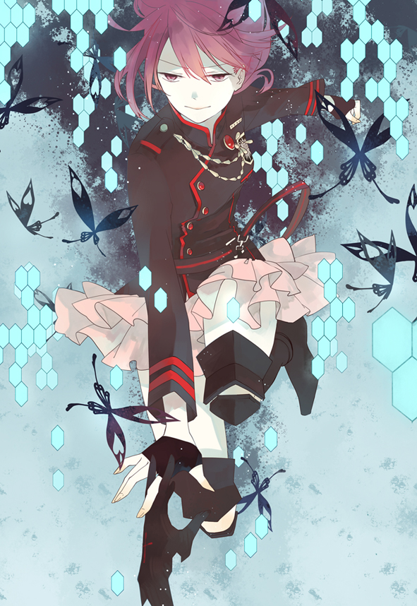 1girl, abstract_background, armored_boots, badge, belt, black_background, black_belt, black_boots