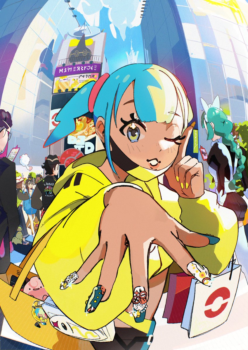 3boys, 5girls, apron, aqua_hair, bag, bag_charm, black_hair, black_hat