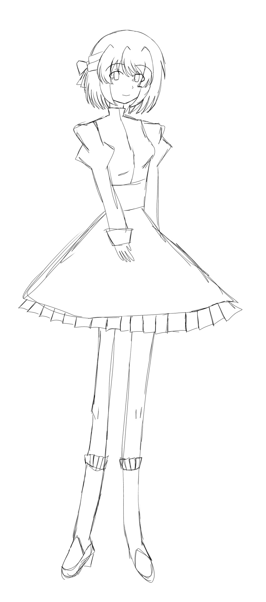 1girl, abie_(abii_ru), absurdres, breasts, closed_mouth, english_commentary, frilled_skirt, frilled_socks, frills, hair_ribbon, highres, ibispaint_(medium), juliet_sleeves, long_sleeves, looking_at_viewer, medium_breasts, medium_skirt, non-web_source, original, puffy_sleeves, ribbon, self-upload, shoes, short_hair, sketch, skirt, smile, socks, tagme