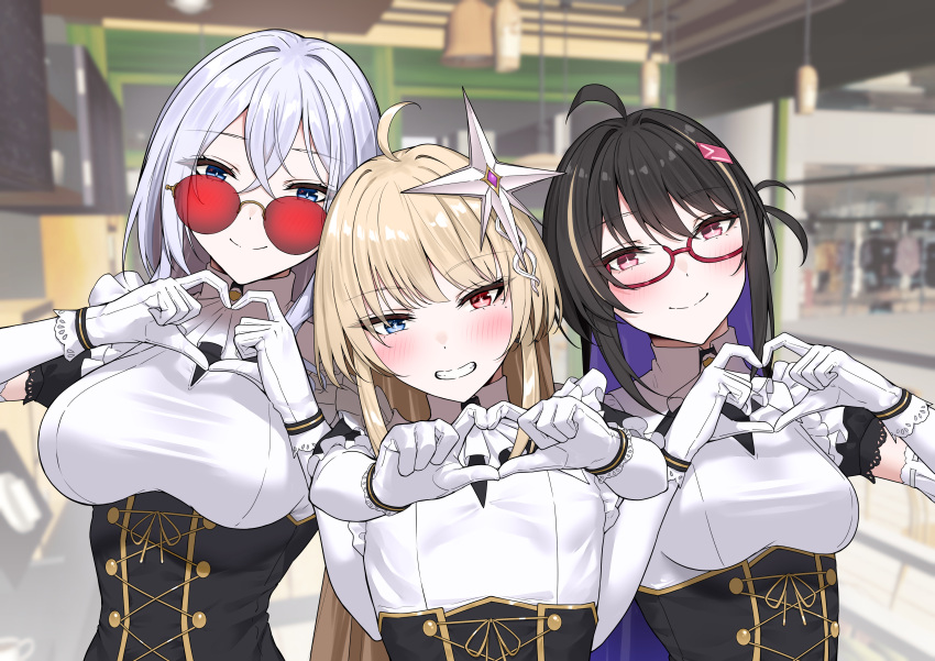 absurdres, ahoge, black_dress, black_hair, blonde_hair, blue_eyes, blush, breasts, collared_dress, commission, dress, elbow_gloves, glasses, gloves, grin, hair_between_eyes, hair_ornament, heart, heart_hands, highres, indie_virtual_youtuber, kamai_(vtuber), large_breasts, long_hair, maid, mamimumei_(vtuber), medium_breasts, medium_hair, mole, mole_under_eye, nanahoshi_nana_(thai_vtuber), red-framed_eyewear, red_eyes, skeb_commission, small_breasts, smile, teeth, virtual_youtuber, white_gloves, white_hair
