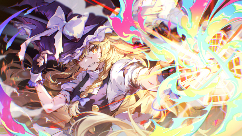 1girl, back_bow, black_gloves, black_hat, black_vest, blonde_hair, blood, blood_on_clothes