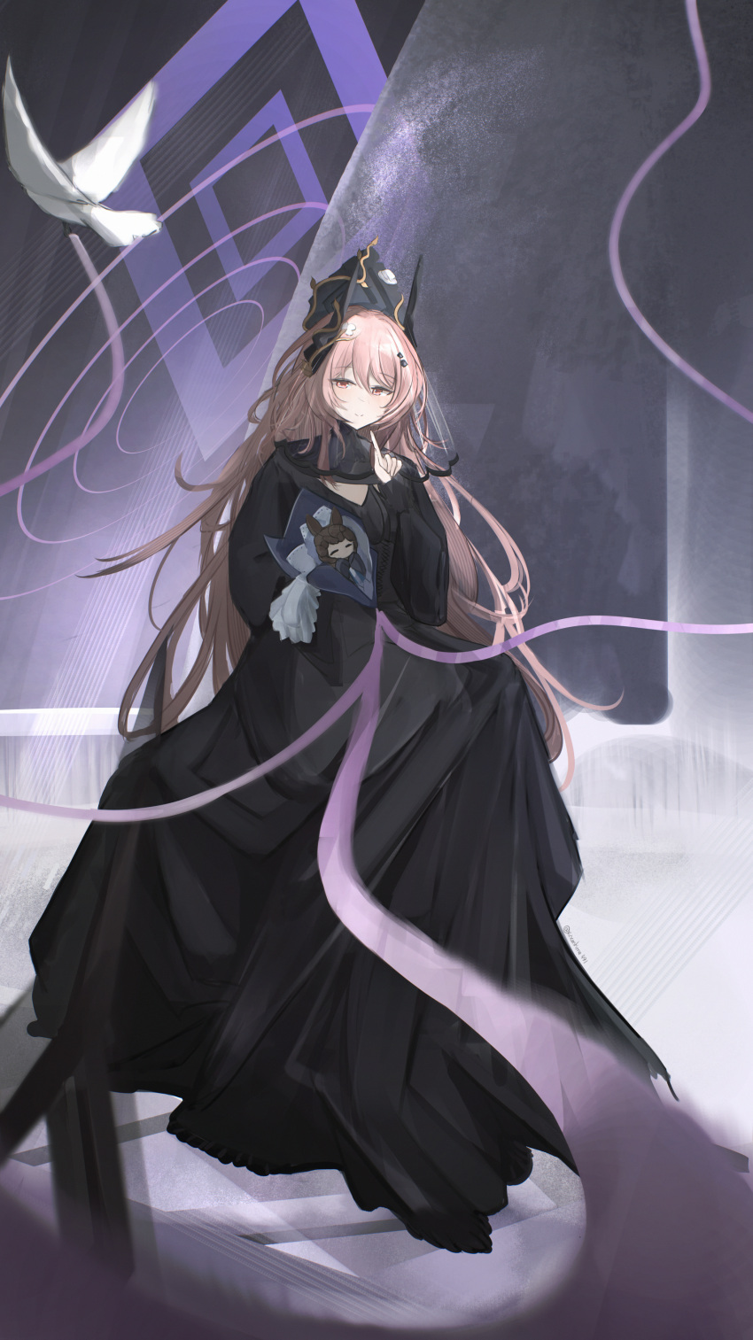 1girl, absurdres, amiya_(arknights), arknights, black_dress, black_horns, brown_hair, character_doll