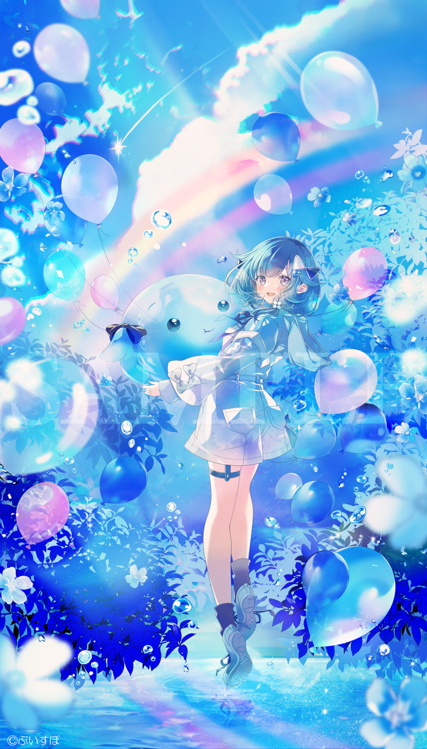 1girl, :d, absurdres, artist_name, balloon, bare_legs, blue_flower, blue_hair