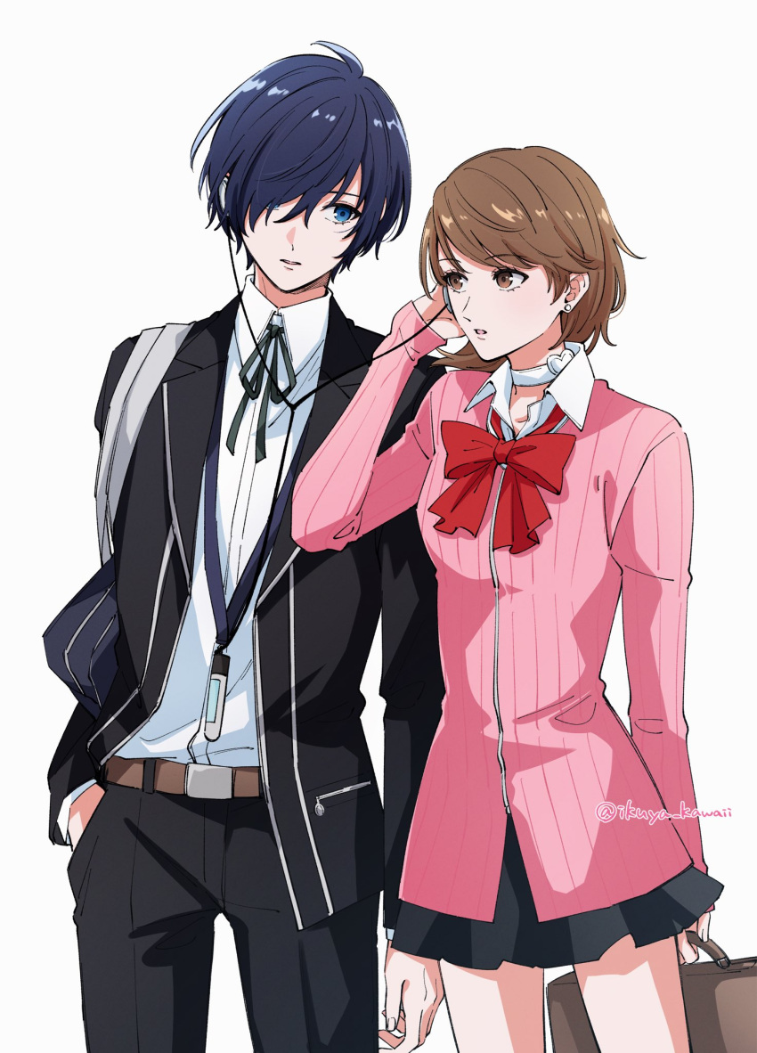 1boy, 1girl, bag, belt, black_jacket, black_pants, black_ribbon, black_skirt, blue_eyes, blue_hair, bow, bowtie, brown_eyes, brown_hair, cardigan, choker, collared_shirt, cowboy_shot, digital_media_player, digital_walkman, earphones, earrings, flipped_hair, gekkoukan_high_school_uniform, hair_over_one_eye, hand_in_pocket, heart, heart_choker, height_difference, highres, holding, holding_bag, ikuya_kawaii, jacket, jewelry, listening_to_music, long_sleeves, looking_at_another, loose_bowtie, miniskirt, neck_ribbon, open_clothes, open_jacket, pants, parted_lips, persona, persona_3, pink_cardigan, pleated_skirt, red_bow, red_bowtie, ribbed_cardigan, ribbon, school_bag, school_uniform, shared_earphones, shirt, short_hair, shoulder_bag, skirt, stud_earrings, swept_bangs, takeba_yukari, twitter_username, walkman_nw-s203f, white_background, white_choker, white_shirt, yuuki_makoto_(persona_3)