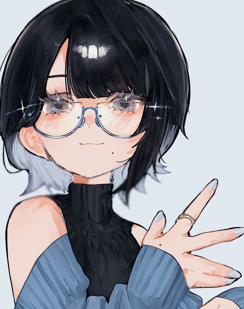 1girl, black_hair, black_sweater, blue_sleeves, closed_mouth, colored_inner_hair, commentary_request, detached_sleeves