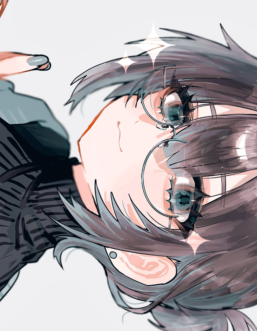 1girl, :3, black_sweater, blue_eyes, blue_nails, closed_mouth, commentary, earrings, eyelashes, fingernails, glasses, hair_between_eyes, highres, jewelry, looking_at_viewer, nail_polish, original, oubaisameko_181, ponytail, short_ponytail, sideways, simple_background, smile, solo, sparkle, sweater, symbol-only_commentary, turtleneck, turtleneck_sweater