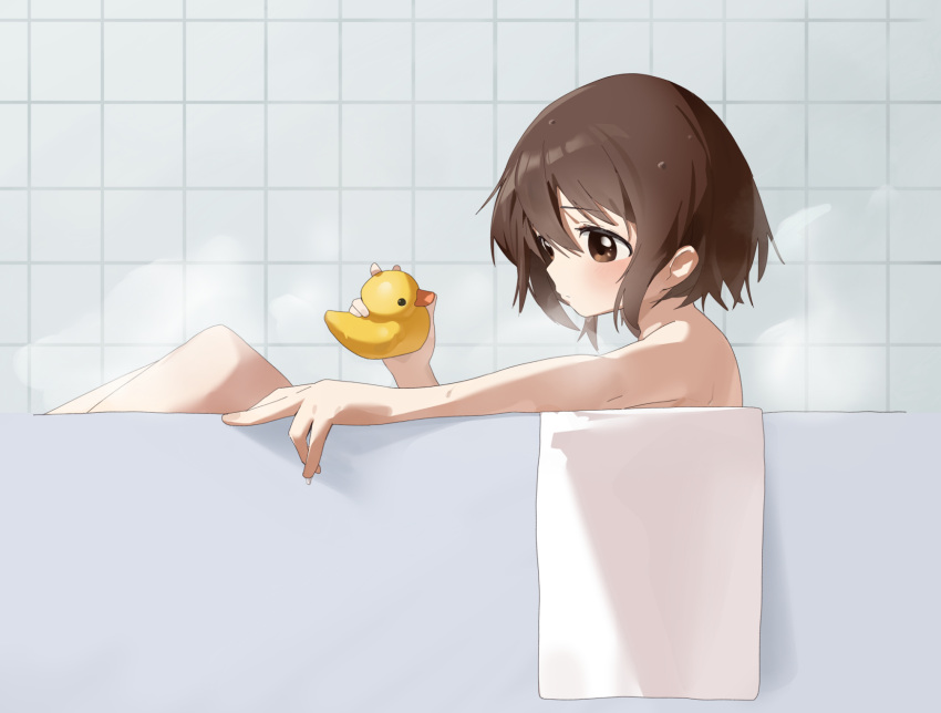 1girl, bare_arms, bath, bathing, brown_eyes, brown_hair, commentary, from_side