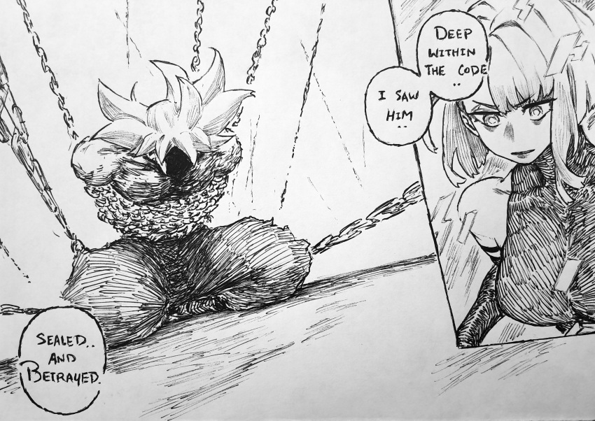 1boy, 1girl, absurdres, black_bodysuit, bodysuit, chain, chained, chronozbergh, commentary, cyberpunk:_edgerunners, cyberpunk_(series), dragon_ball, elbow_gloves, english_commentary, english_text, gloves, greyscale, guilty_gear, guilty_gear_strive, hacking, highres, lucy_(cyberpunk), medium_hair, monochrome, shaded_face, son_goku, speech_bubble, traditional_media