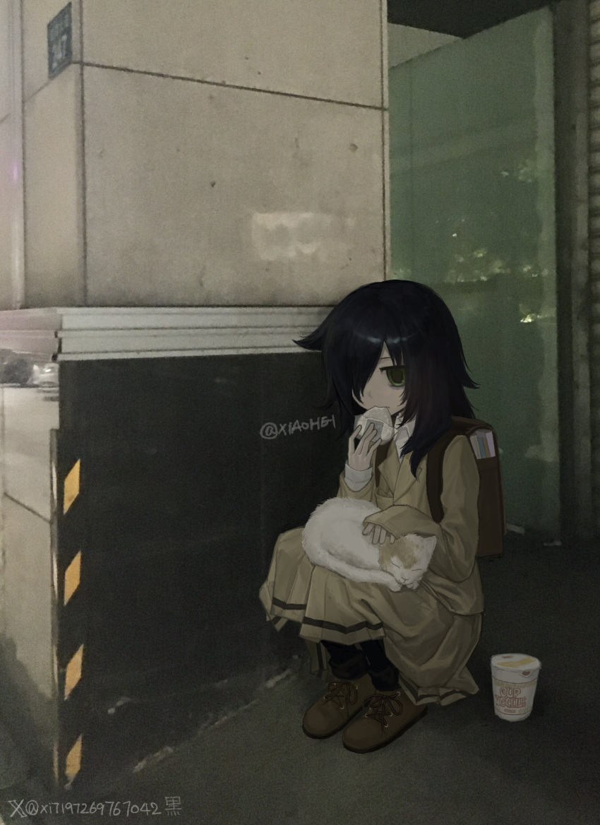 1girl, alley, animal_on_lap, backpack, bag, bags_under_eyes, black_hair, black_pantyhose