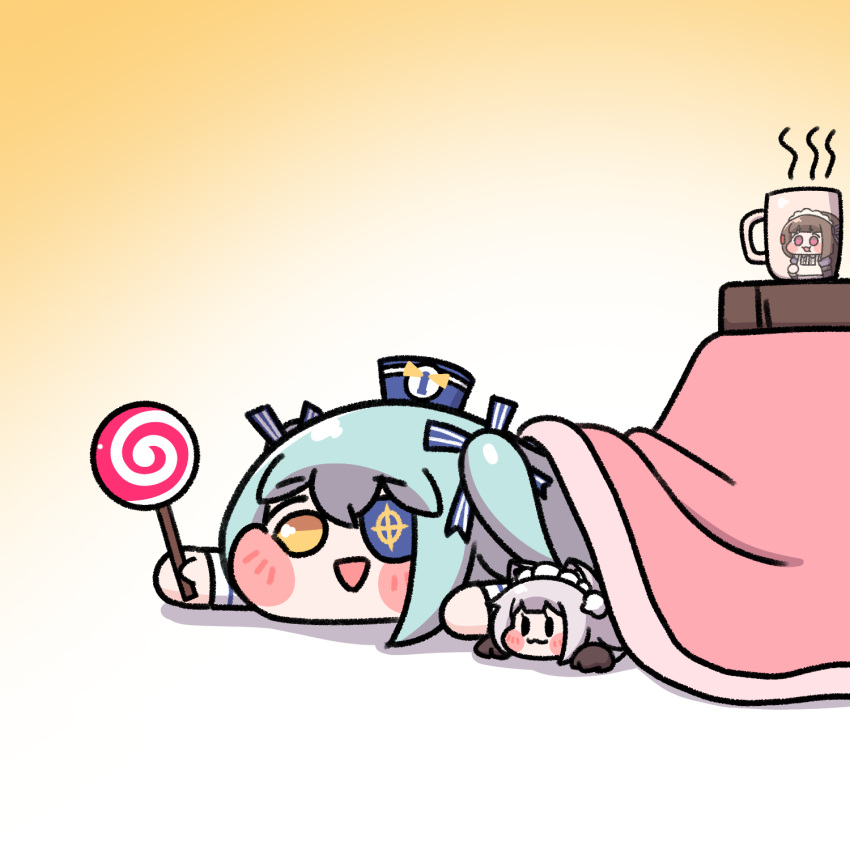 2girls, alterkero, animal_ears, animal_hands, apron, aqua_hair, blush_stickers, brown_hair, candy, cat_ears, cat_girl, cup, eyepatch, food, gloves, gradient_background, grey_hair, hat, highres, holding, holding_candy, holding_food, holding_lollipop, kotatsu, last_origin, lollipop, long_hair, lrl_(last_origin), maid, maid_apron, maid_headdress, mini_perrault_(last_origin), mug, multiple_girls, paw_gloves, sailor_hat, scissors_lise, solid_oval_eyes, swirl_lollipop, table, two_side_up, under_kotatsu, under_table, violet_eyes, yellow_eyes