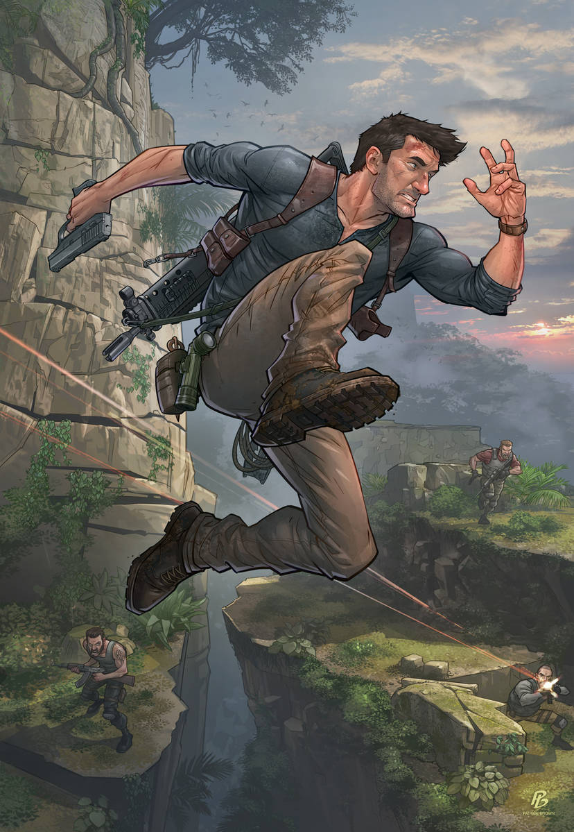 2015, 4boys, architecture, artist_name, assault_rifle, belt, blue_shirt, boots