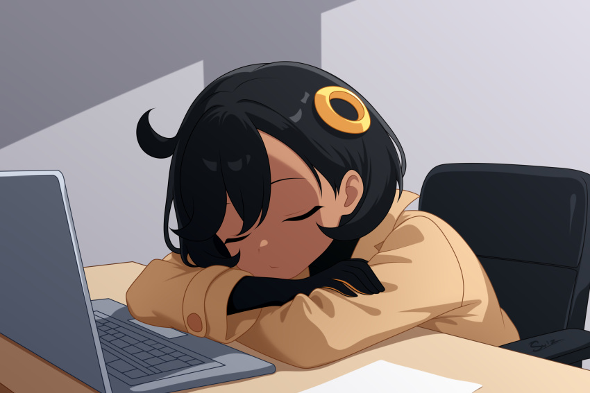 1girl, black_hair, brown_jacket, chair, closed_eyes, computer, desk, emma_(pokemon)