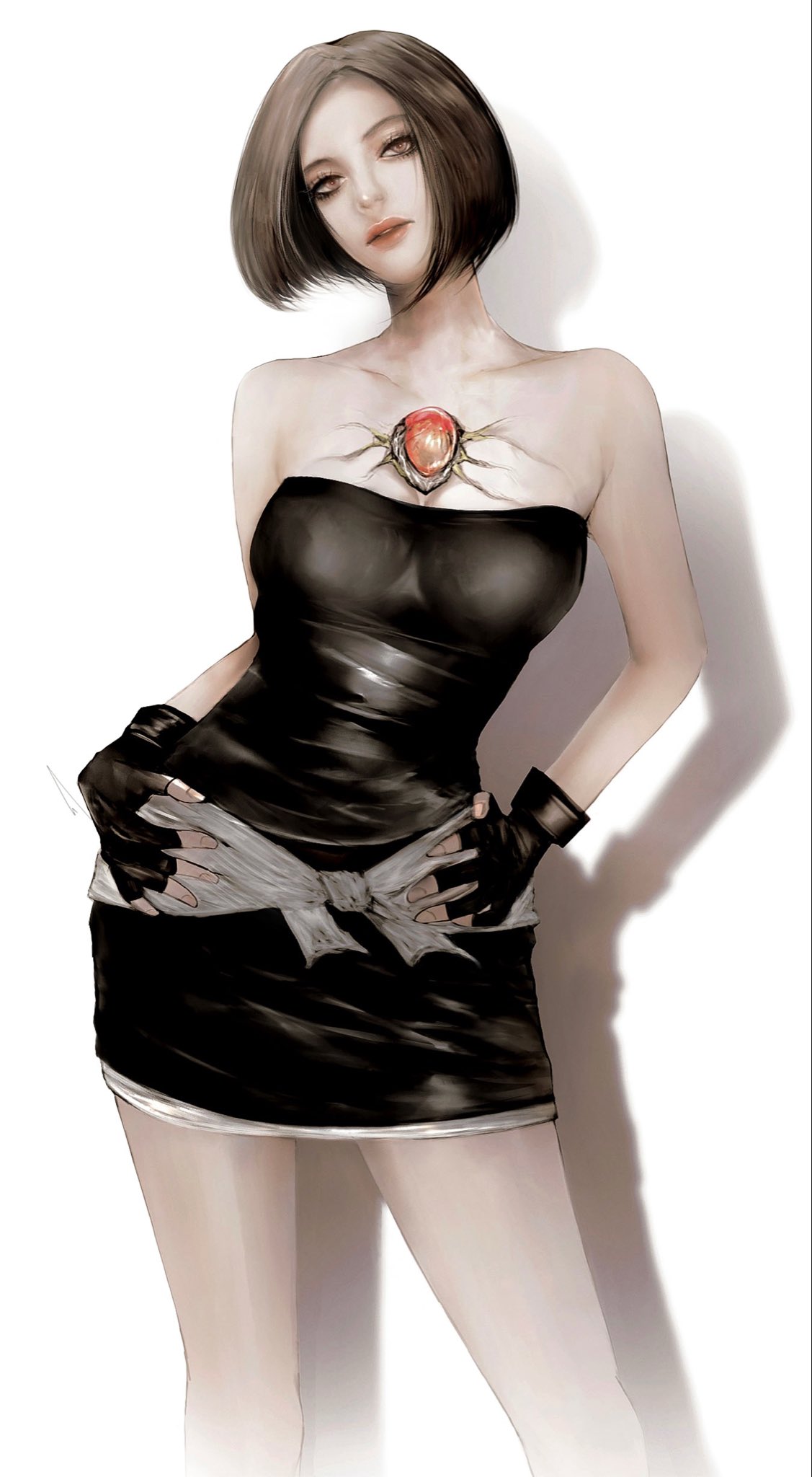 1girl, bare_shoulders, black_gloves, black_skirt, black_tube_top, brown_hair, clothes_around_waist, fingerless_gloves