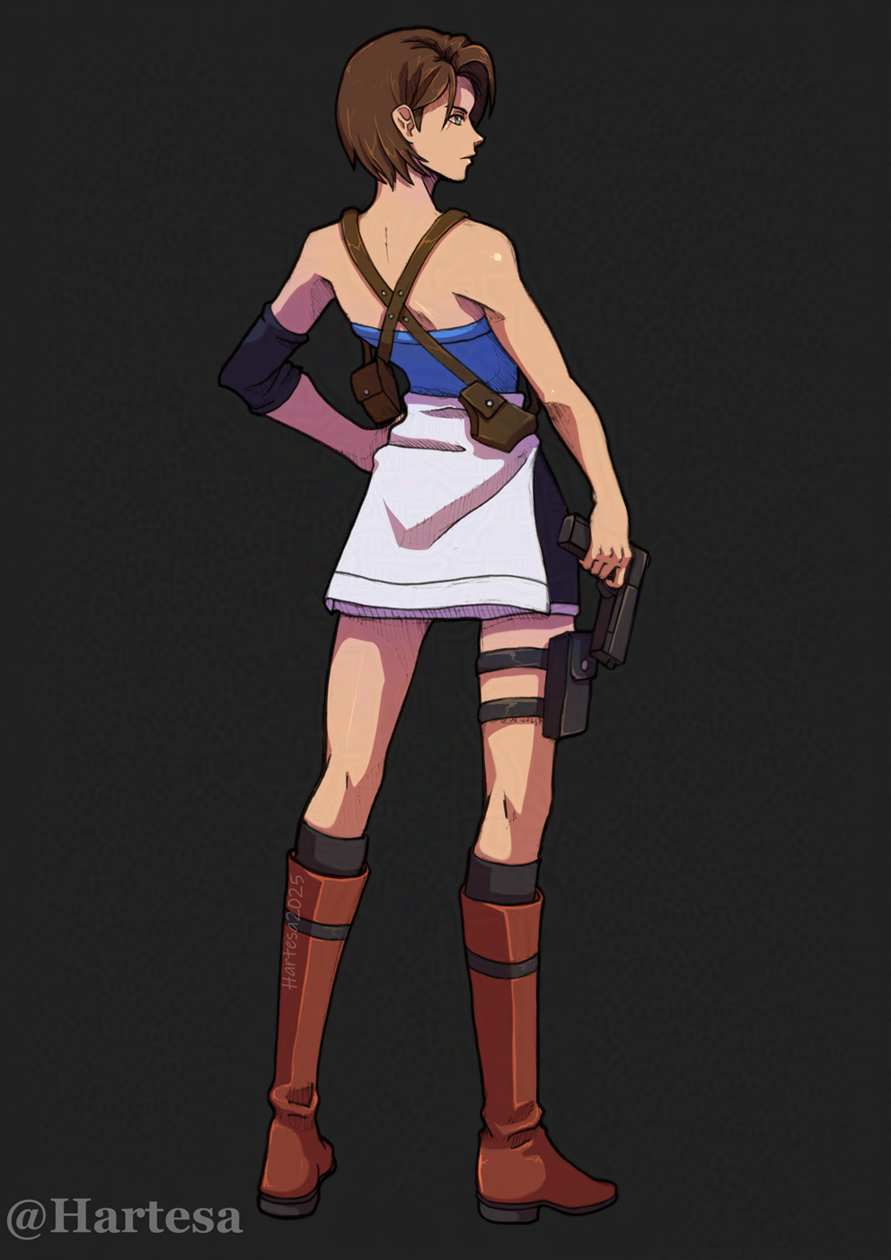 1girl, artist_name, black_background, black_skirt, blue_eyes, blue_tube_top, boots, brown_boots