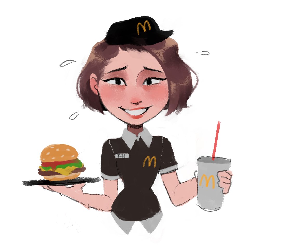 1girl, black_hat, black_shirt, brown_hair, burger, deformed, drink, drinking_straw