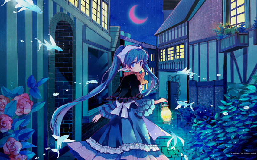 1girl, aqua_eyes, aqua_hair, bow, bubble, capelet, city, crescent_moon