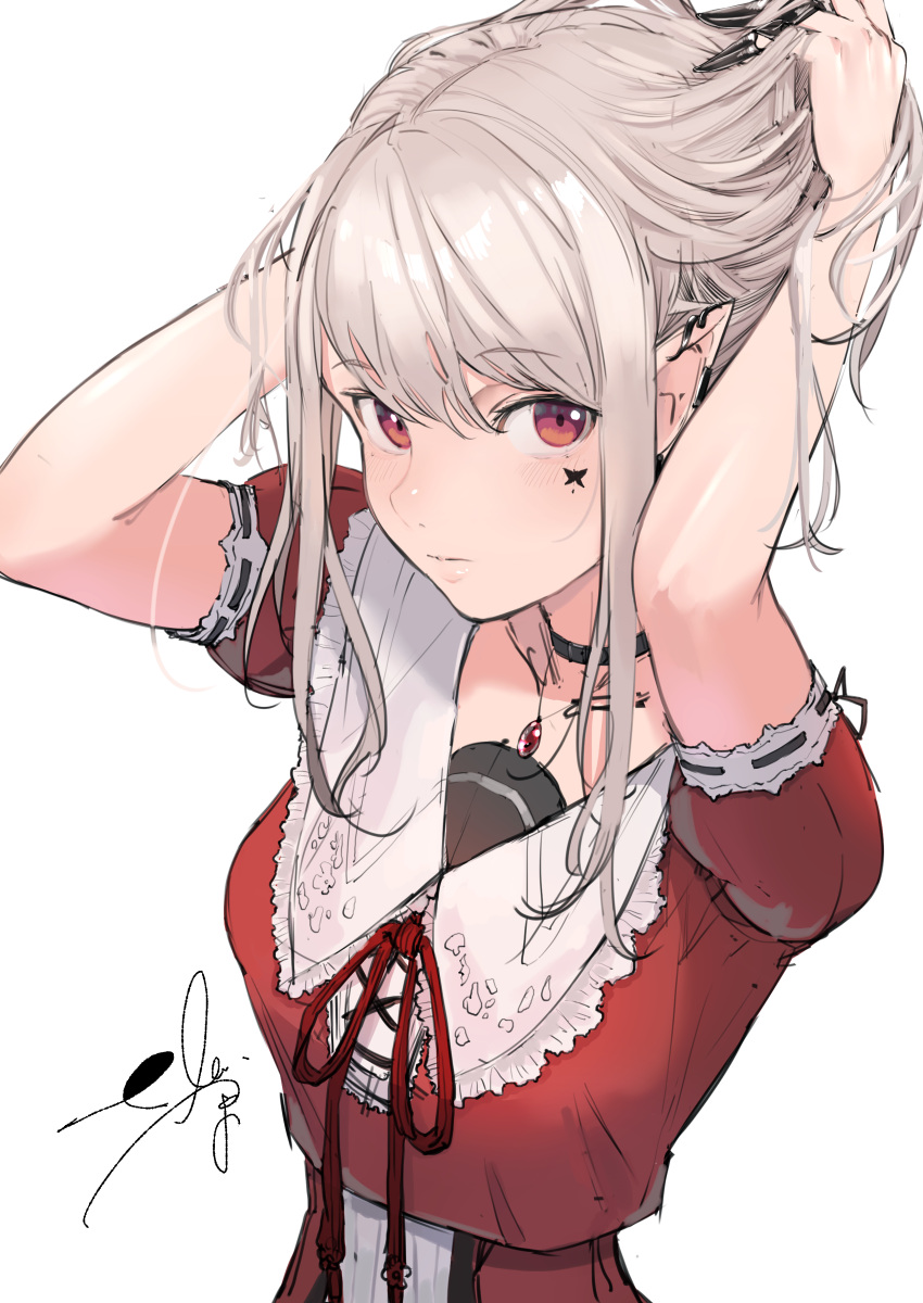 1girl, absurdres, adjusting_hair, arms_up, black_collar, blush, breasts, butterfly_facial_mark