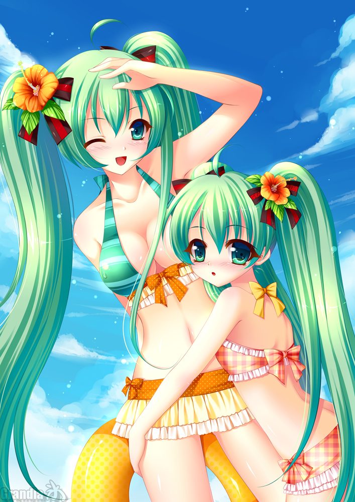 ahoge, bikini, blush, cloud, clouds, flower, grandia_(artist), green_eyes