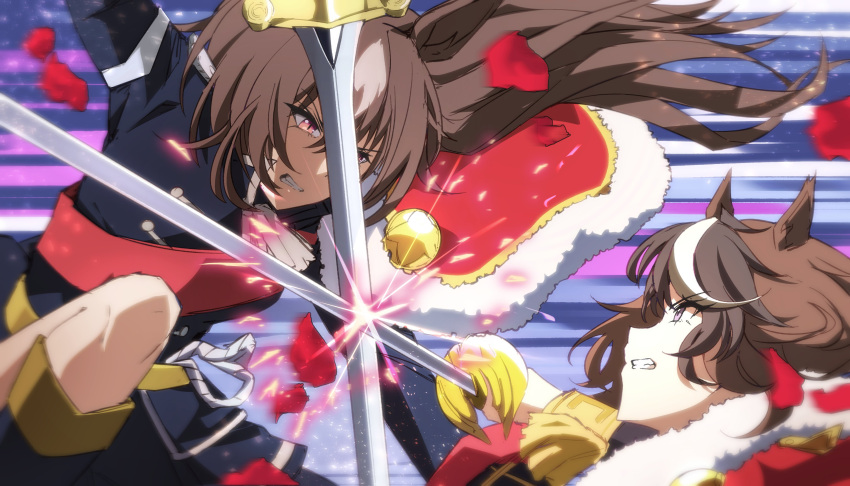 2girls, absurdres, animal_ears, blue_jacket, boots, breasts, brown_hair, cape