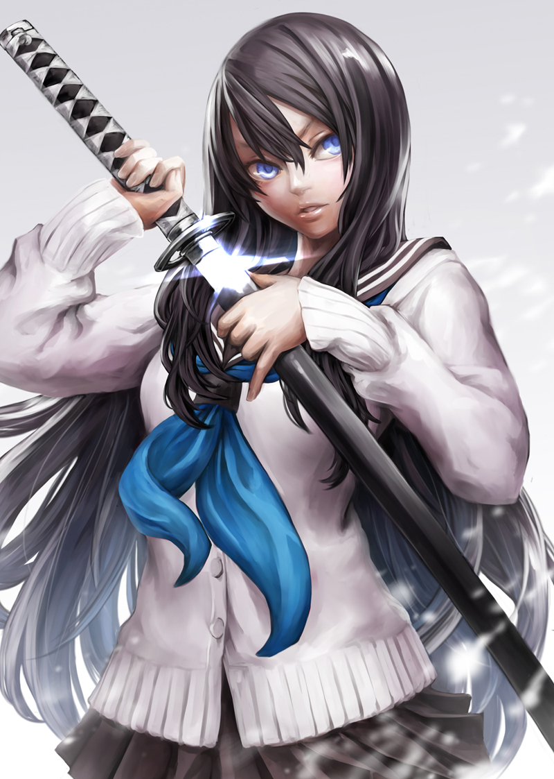 black_hair, blue_eyes, box_sentou_shoujo, katana, lips, long_hair, nabe_(crow's_head), nabe_(crow's_head), original, pleated_skirt, school_uniform, sheath, skirt, solo, sweater, sword, unsheathing, weapon