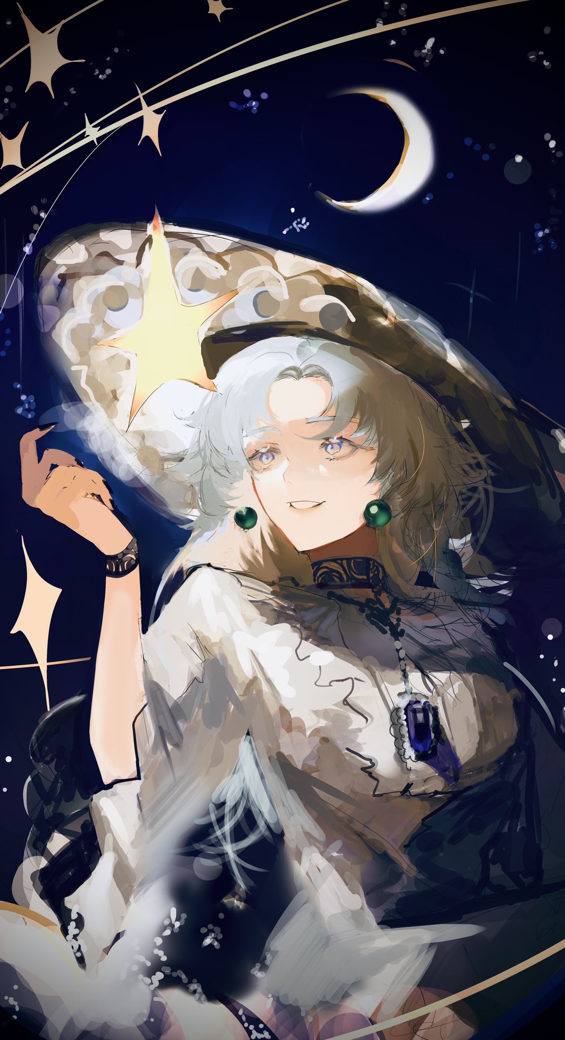 1girl, aegyo_sal, bangle, blue_eyes, bracelet, collar, crescent, curtained_hair, dress, grin, hand_up, hat, highres, jade_earrings, jewelry, long_hair, looking_at_viewer, night, original, sky, smile, solo, star_(sky), star_(symbol), starry_sky, upper_body, waffle820, white_dress, white_hair