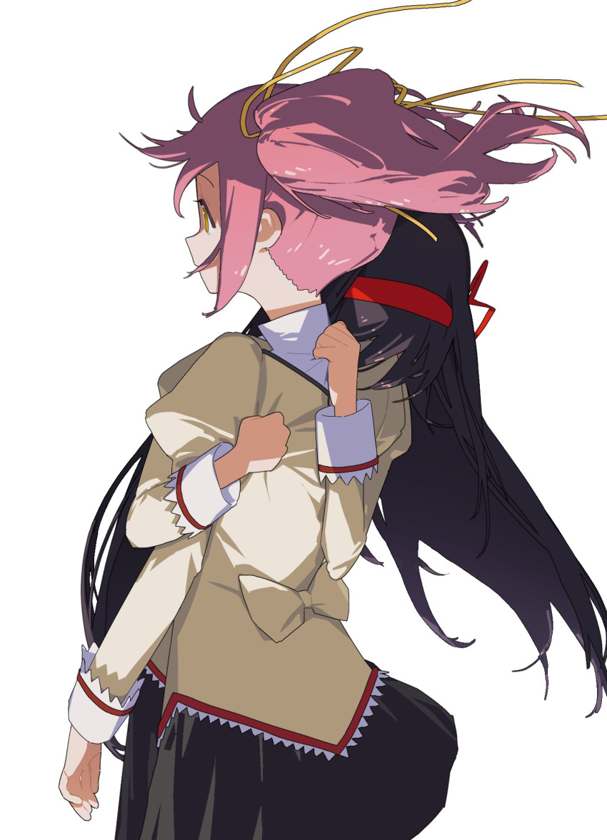 2girls, akemi_homura, drill_hair, hair_ribbon, hairband, highres, juliet_sleeves, kaname_madoka, lace-trimmed_shirt, lace_trim, long_sleeves, mahou_shoujo_madoka_magica, mitakihara_school_uniform, multiple_girls, pink_hair, plaid_clothes, plaid_skirt, puffy_sleeves, ribbon, school_uniform, shirt, skirt, traffic_(ntraffic1), twin_drills, twintails