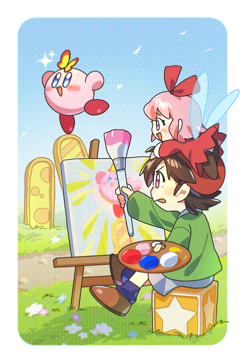 0tamt0, 2girls, adeleine, blue_sky, blush_stickers, bourbon_(kirby), bug, butterfly