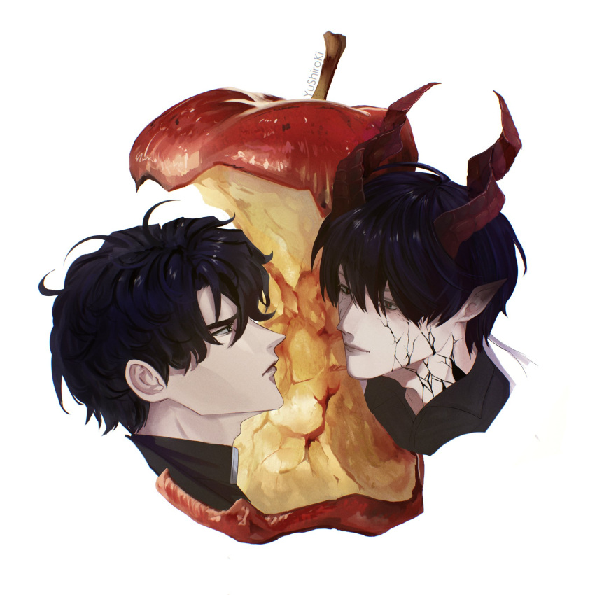 2boys, apple, apple_core, appletrend, black_eyes, black_hair, black_shirt, colored_veins