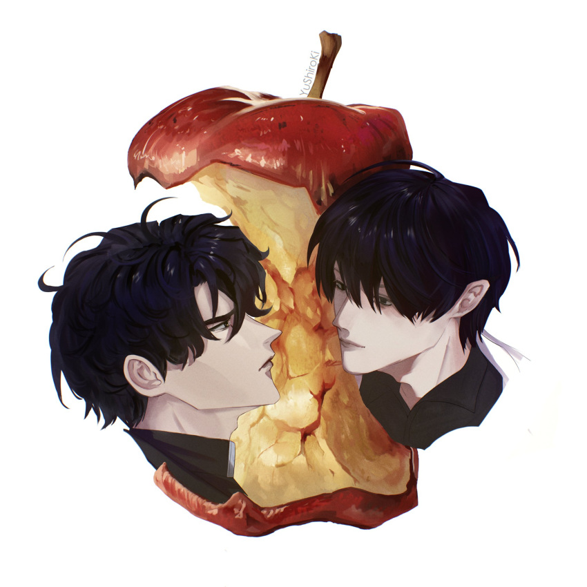 2boys, apple, apple_core, appletrend, black_eyes, black_hair, black_shirt, food