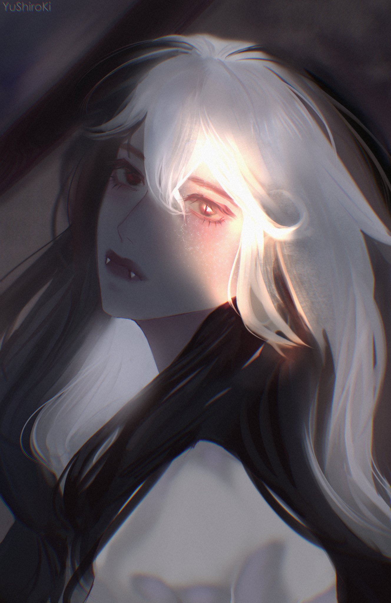 1girl, aegyo_sal, black_eyes, black_hair, double-parted_bangs, fangs, hair_between_eyes, hashtag-only_commentary