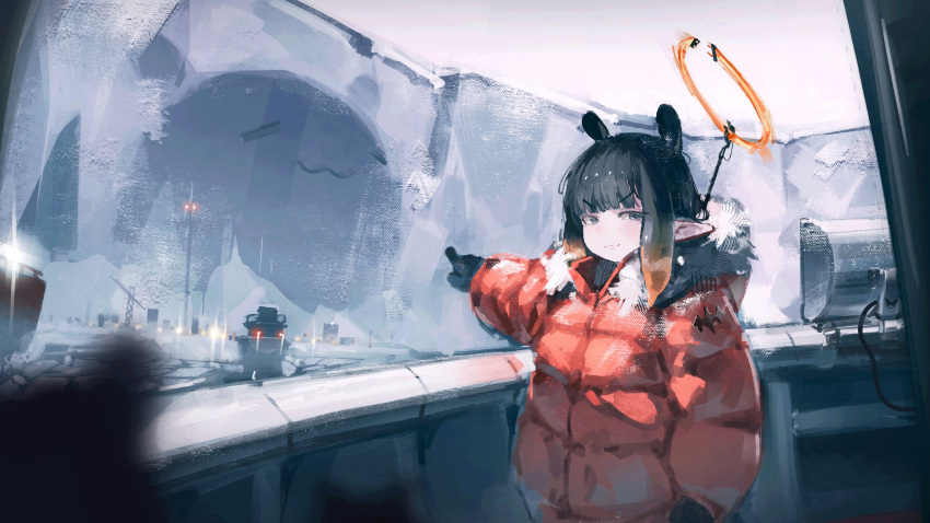 1girl, :3, =_=, absurdres, alternate_costume, black_gloves, black_hair, blunt_bangs