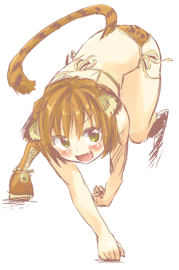 bikini, brown_hair, face, leg_up, leopard_print, open_mouth, original, short_hair