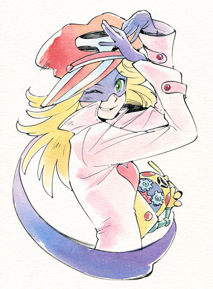 1girl, agahari, blonde_hair, commentary_request, cropped_torso, eye_mask, from_side, gloves