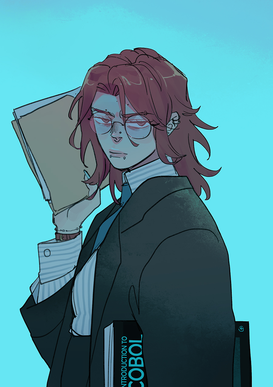 1girl, alice_dyer, bags_under_eyes, bracelet, closed_mouth, collared_shirt, design_speculation, ear_piercing, eyebrow_piercing, eyelashes, face_piercing, fingernails, glasses, highres, holding, jewelry, lips, long_hair, medium_hair, mole, necktie, nostril_piercing, piercing, red_hair, sframboob, shirt, snakebite_(piercing), suit, the_magnus_protocol, tomboy