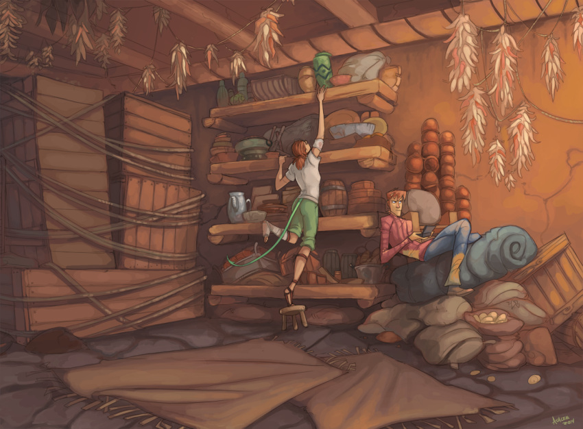 1boy, 1girl, annoyed, bandages, barrel, blue_pants, brown_sandals, brown_shoes