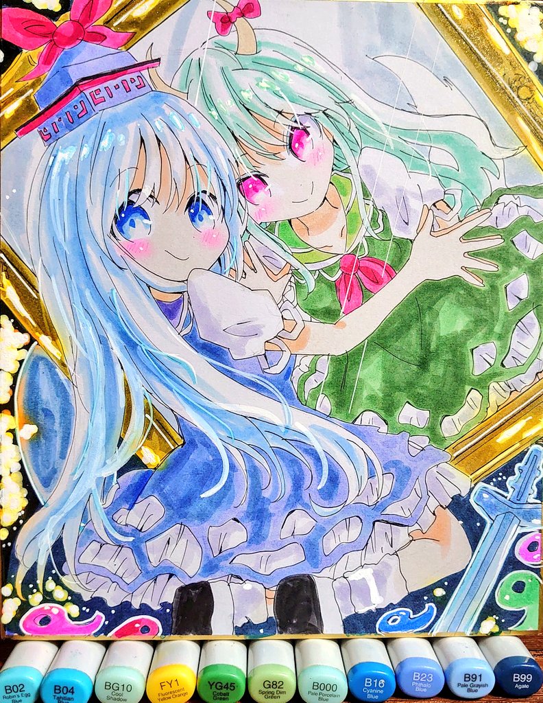 2girls, blue_dress, blue_hair, blue_hat, blush, bow, commentary, different_reflection