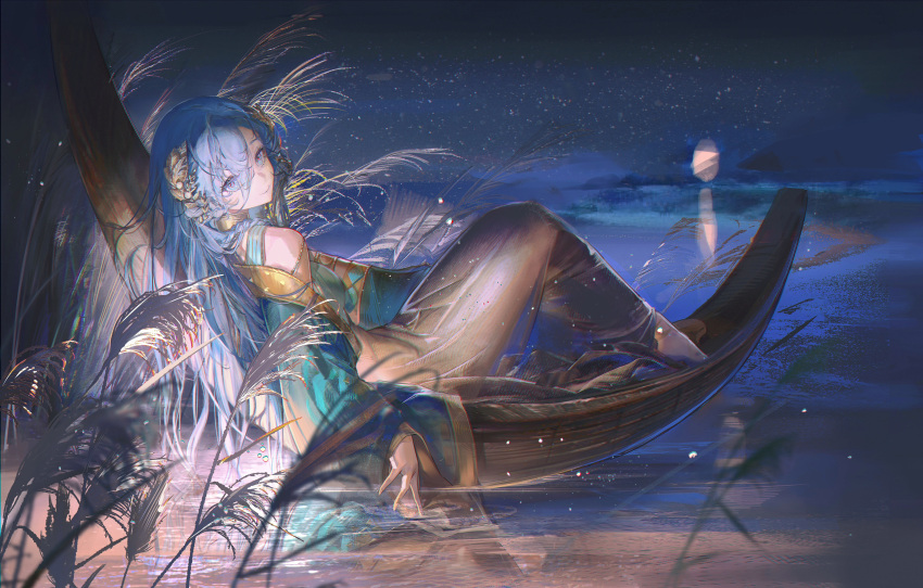 1girl, 37_(reverse:1999), absurdres, barefoot, blue_eyes, blue_hair, blue_shirt, blurry