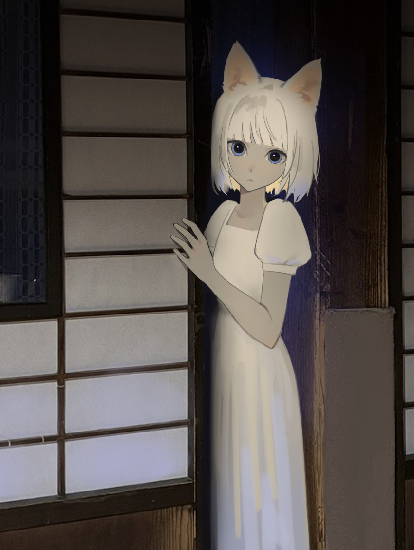 1girl, :<, absurdres, animal_ear_fluff, animal_ears, architecture, blue_eyes, blunt_bangs, bob_cut, cat_ears, cat_girl, closed_mouth, doorway, dress, east_asian_architecture, elfe_art, eyelashes, feet_out_of_frame, flat_chest, from_side, hand_on_wall, head_tilt, highres, long_dress, looking_at_viewer, looking_to_the_side, original, pale_skin, pov_doorway, puffy_short_sleeves, puffy_sleeves, short_hair, short_sleeves, solo, wainscoting, white_dress, white_hair, window