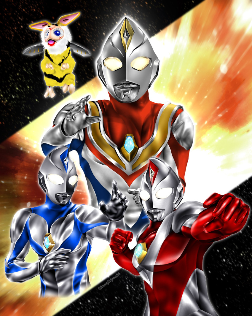 1boy, alien, armor, black_fur, blue_eyes, blue_skin, blurry, blurry_background, breastplate, clenched_hand, color_timer, colored_skin, commentary, compound_eyes, cropped_torso, crystal, dorsal_fin, fighting_stance, forehead_jewel, giant, giant_male, glowing, glowing_eyes, gradient_eyes, hands_up, hanejidyna86, hanejiro, highres, looking_ahead, looking_at_viewer, male_focus, multicolored_eyes, multicolored_fur, multicolored_skin, multiple_forms, multiple_views, muscular, muscular_male, no_pupils, open_hands, open_mouth, outstretched_arm, pectorals, red_skin, silver_skin, space, star_(sky), tokusatsu, toned, toned_male, twitter_username, ultra_series, ultraman_dyna, ultraman_dyna_(flash_type), ultraman_dyna_(miracle_type), ultraman_dyna_(series), ultraman_dyna_(strong_type), upper_body, variations, white_eyes, white_fur, wings, wrinkled_skin, yellow_eyes, yellow_fur