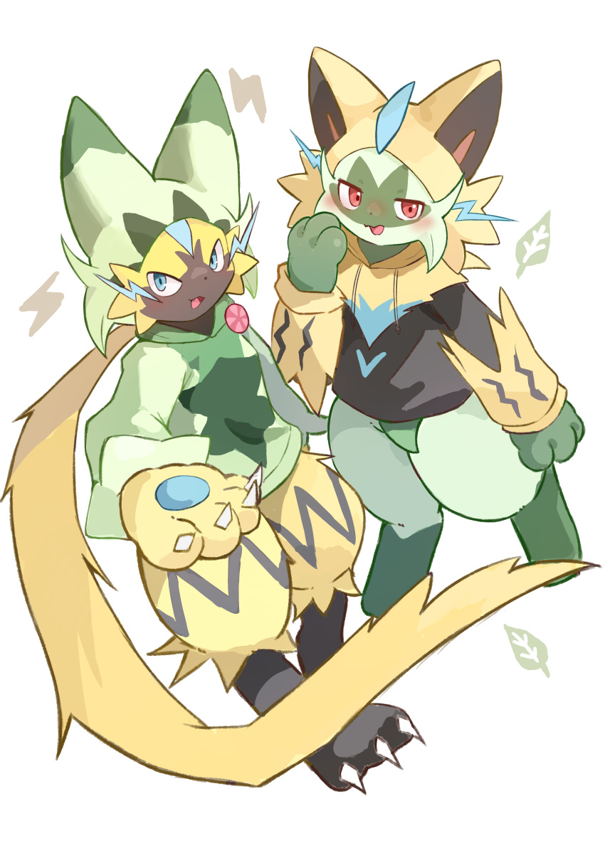 2others, :3, absurdres, animal_nose, aqua_eyes, blush, body_fur, claws, cosplay, electricity, floragato, floragato_(cosplay), full_body, furry, green_fur, half-closed_eyes, highres, hood, hood_up, hoodie, illustrattyako, leaf, lightning_bolt_symbol, looking_at_viewer, multicolored_fur, multiple_others, open_mouth, pawpads, pink_eyes, pokemon, pokemon_(creature), pokemon_sv, two-tone_fur, v-shaped_eyes, white_background, yellow_fur, zeraora, zeraora_(cosplay)