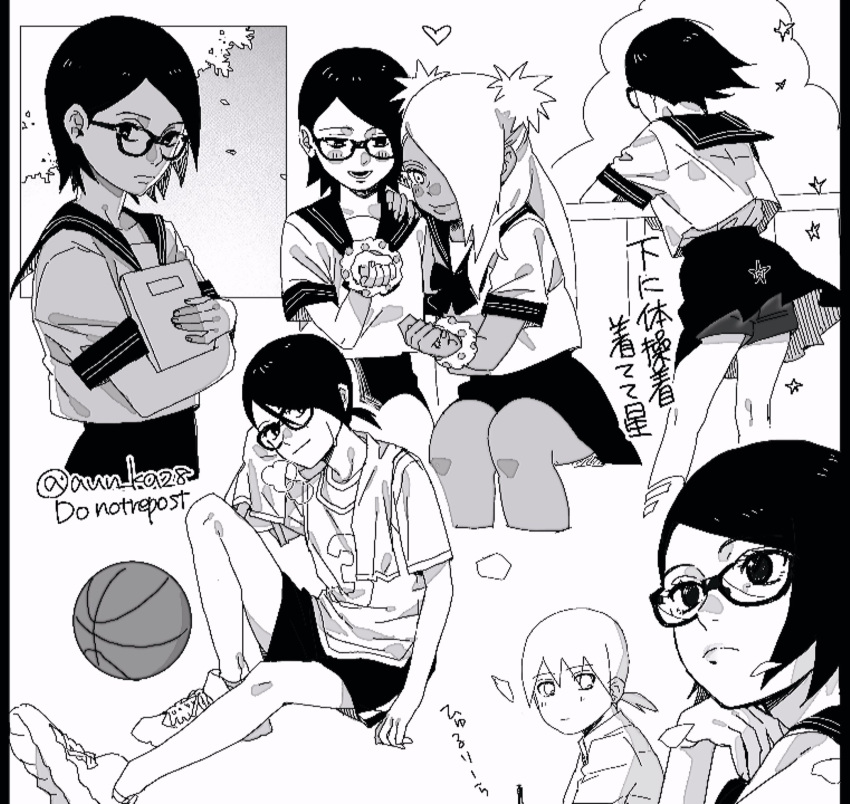 1boy, 2girls, against_railing, akimichi_chouchou, alternate_universe, ball, basketball_(object), boruto:_naruto_next_generations