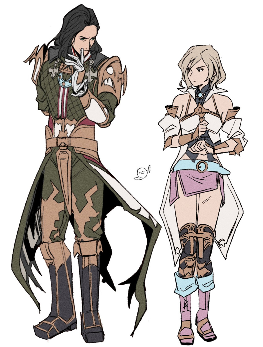 1boy, 1girl, armor, armored_boots, ashelia_b'nargin_dalmasca, bare_shoulders, black_boots, black_hair