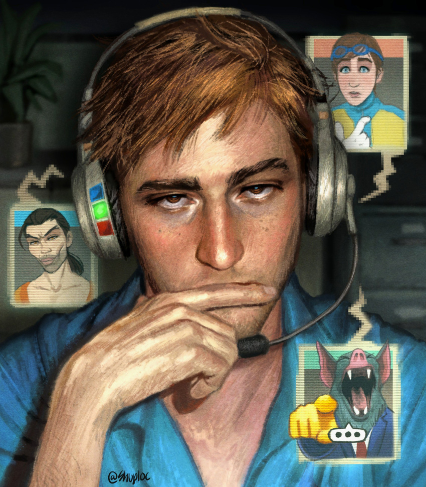 4boys, absurdres, arm_up, bat_boy, blue_eyes, blue_shirt, brown_eyes, brown_hair