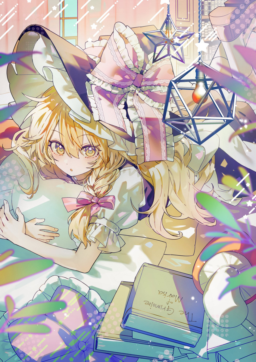1girl, :o, absurdres, black_hat, black_shoes, blonde_hair, book, bow