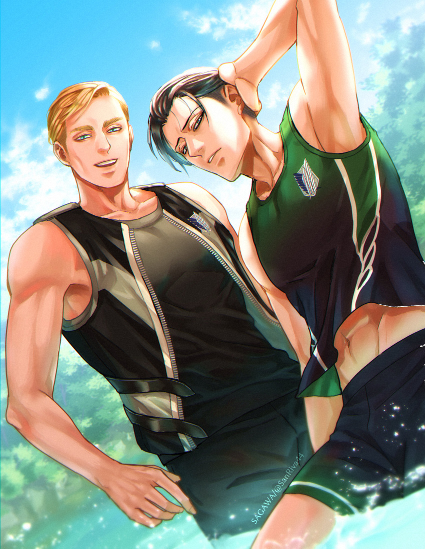 2boys, absurdres, bare_shoulders, black_hair, black_male_swimwear, black_shirt, black_shoes, black_tank_top