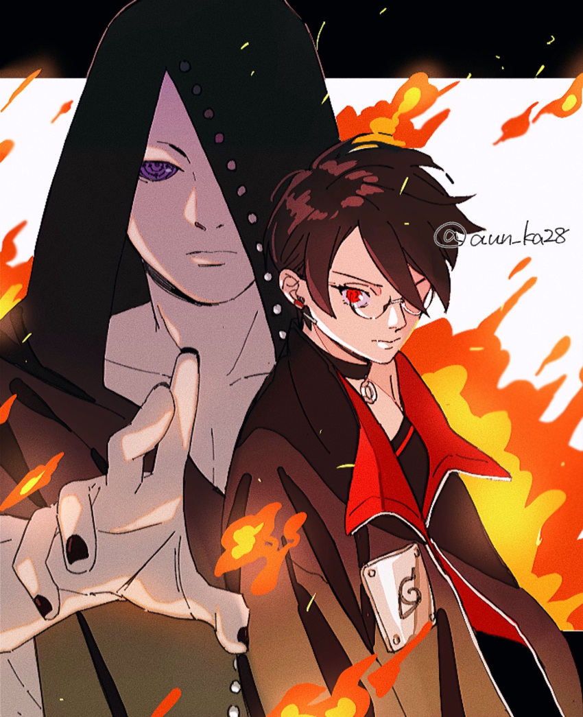 1boy, 1girl, black_choker, black_nails, boruto:_two_blue_vortex, breasts, choker, commentary_request, earrings, fire, hidari_(naruto), highres, hood, jacket, jewelry, konohagakure_symbol, naruto_(series), onka_(aun_ka28), reaching, reaching_towards_viewer, rinnegan, serious, sharingan, short_hair, small_breasts, strapless, tube_top, twitter_username, two-sided_fabric, two-sided_jacket, uchiha_sarada, violet_eyes