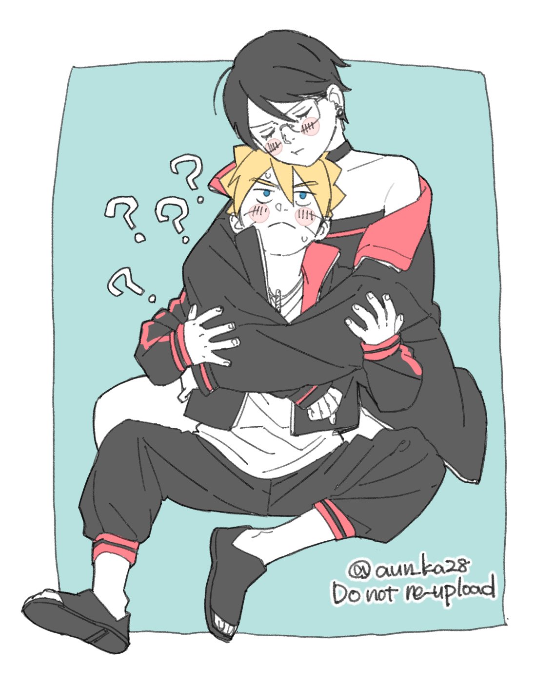 1boy, 1girl, :<, ?, bare_shoulders, black_choker, black_hair, black_jacket