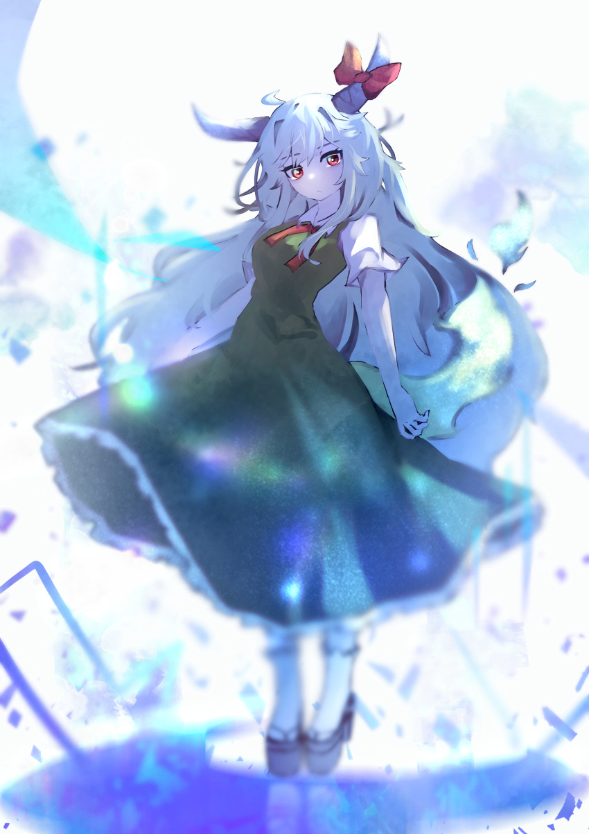 1girl, :/, absurdres, ahoge, bow, commentary, dress, ex-keine